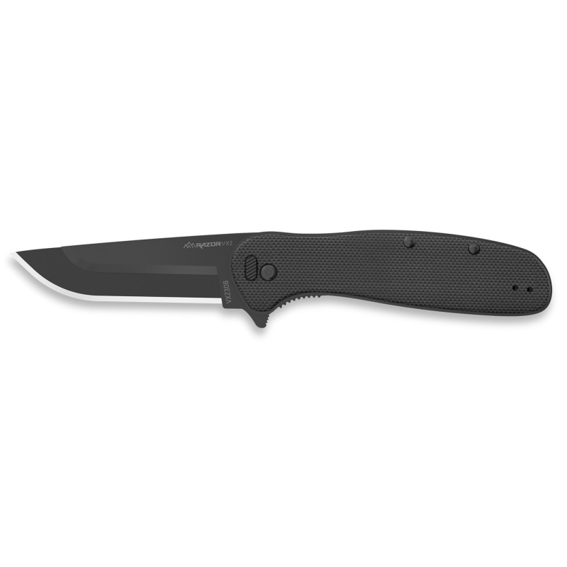 Razor VX2, Folding Knife, Plain Edge, 3" Blade Length, 7.3" Overall Length, 420J2 Stainless Steel, Includes (2) Standard Plain Edge and (1) Partially Serrated Blade, Black Oxide Finish, Black G10 Scales, Stainless Steel Frame/Blade Holder, Reversible Dee