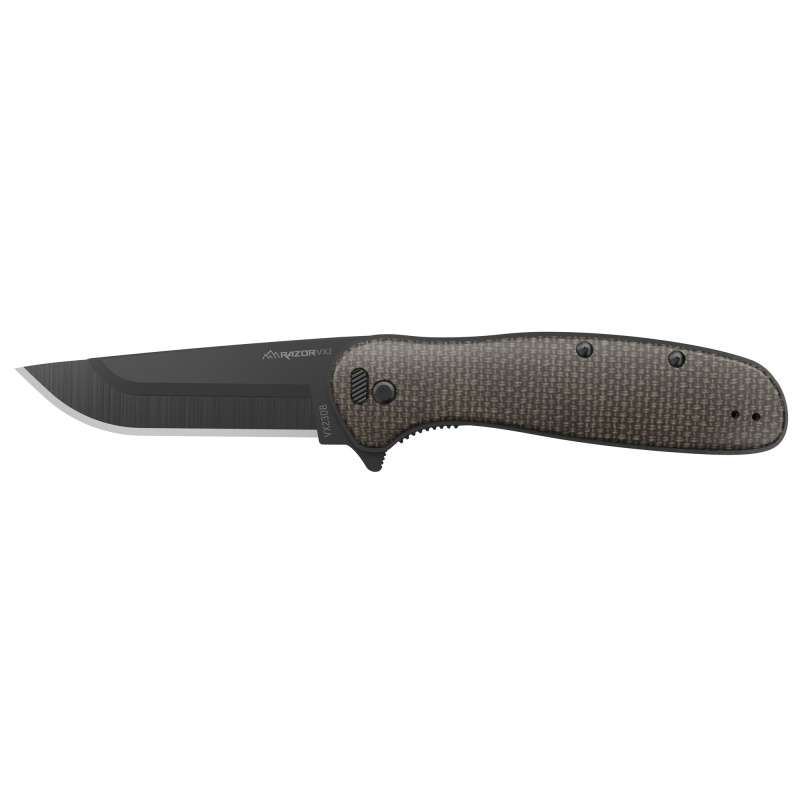 Razor VX2, Folding Knife, Plain Edge, 3" Blade Length, 7.3" Overall Length, 420J2 Stainless Steel, Includes (2) Standard Plain Edge and (1) Partially Serrated Blade, Black Oxide Finish, Green G10 Scales, Stainless Steel Frame/Blade Holder, Reversible Dee
