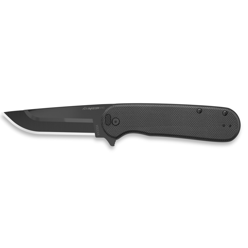 Razor VX3, Folding Knife, Plain Edge, 3" Blade Length, 7.4" Overall Length, 420J2 Stainless Steel, Includes (3) Standard Plain Edge and (1) Partially Serrated Blade, Black Oxide Finish, Black G10 Scales, Ball Bearing System, Stainless Steel Frame/Blade H
