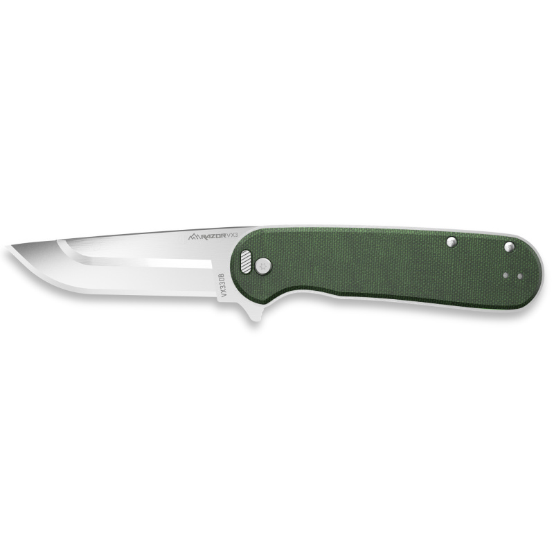 Razor VX3, Folding Knife, Plain Edge, 3" Blade Length, 7.4" Overall Length, 420J2 Stainless Steel, Includes (3) Standard Plain Edge and (1) Partially Serrated Blade, Green Micarta Scales, Ball Bearing System, Stainless Steel Frame/Blade Holder, Reversibl