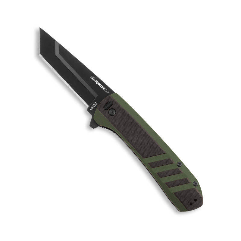 Razor VX4, Folding Knife, Plain Edge, 3" Blade Length, 7.5" Overall Length, 420J2 Stainless Steel, Includes (3) Standard Plain Edge and (1) Partially Serrated Blade, Black Oxide Finish, Black & Green Scales, Ceramic Ball Bearing System, Stainless Steel F