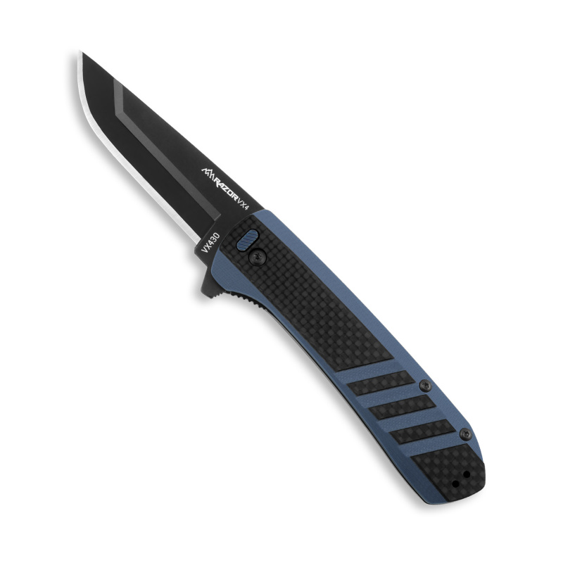 Razor VX4, Folding Knife, Plain Edge, 3" Blade Length, 7.5" Overall Length, 420J2 Stainless Steel, Includes (3) Standard Plain Edge and (1) Partially Serrated Blade, Black Oxide Finish, Carbon Fiber & Blue Scales, Ceramic Ball Bearing System, Stainless S