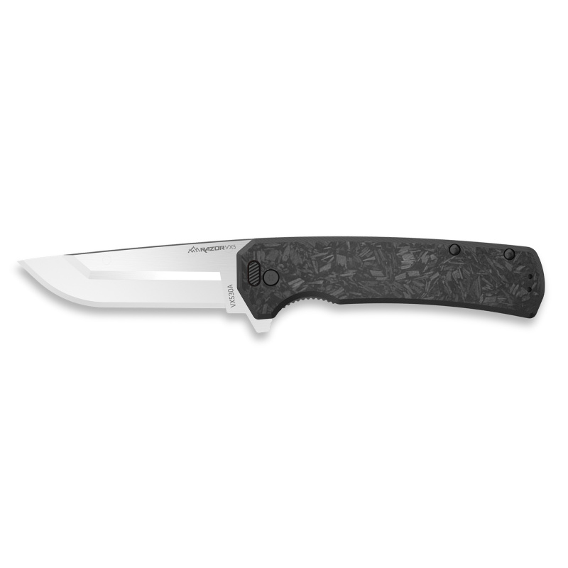 Razor VX5, Folding Knife, Plain Edge, 3" Blade Length, 7.3" Overall Length, 420J2 Stainless Steel, Includes (3) Standard Plain Edge and (1) Partially Serrated Blade, Stainless Steel Finish, Carbon Fiber Scales, Ceramic Ball Bearing System, Stainless Stee