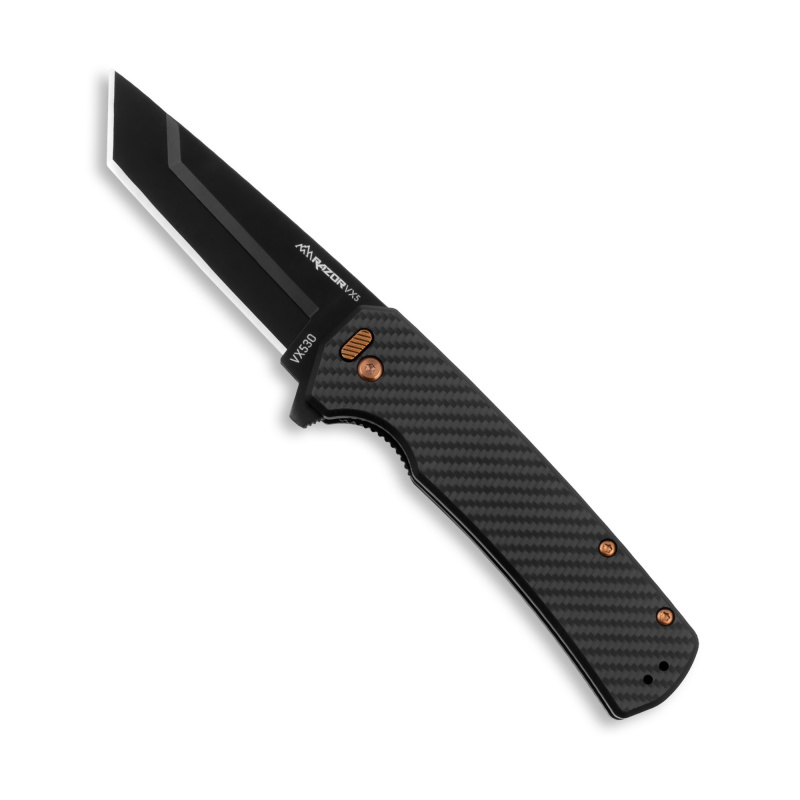 Razor VX5, Folding Knife, Plain Edge, 3" Blade Length, 7.3" Overall Length, 420J2 Stainless Steel, Includes (3) Standard Plain Edge and (1) Partially Serrated Blade, Stainless Steel Finish, Black Carbon Fiber Scales, Bronze Accents, Ceramic Ball Bearing