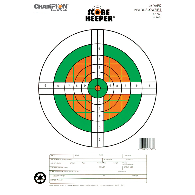 Fluorescent Score Keeper Targets 25 Yard Pistol Slowfire 12 Per Pack