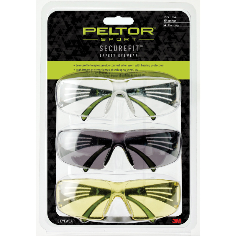 Peltor Sport Secure Fit 400 Eye Protection, 3 Pack: Clear, Amber and Grey Lenses, Anti Fog