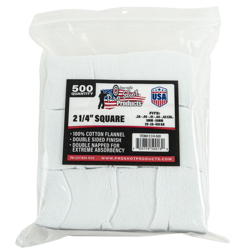 Cotton Flannel Patches .38-.45 Caliber/20-.410 Gauge 2.25 Inch Square 500 Per Bag