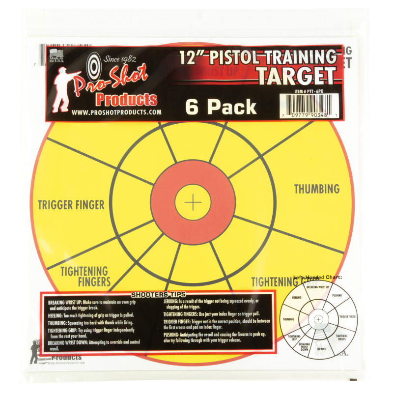 Pistol Training Target, 12" Bullseye Circle, 6 Pack, Yellow/Black PTT-6PK