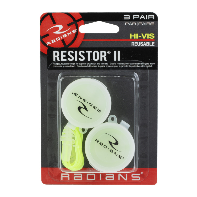Resistor II Reusable Corded Ear Plug, 3 Pair, High Visiblity, Clear/Green, NRR 27, 4 Flange Tapered Shape FP43HVBP3