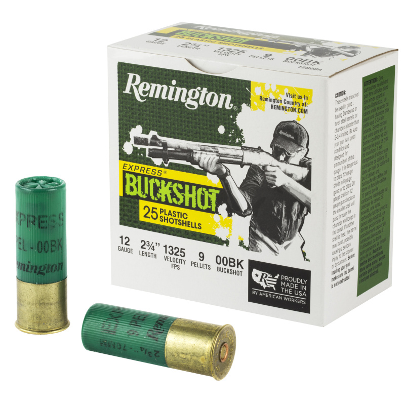 Remington Buckshot 12 Gauge 2.75 Inch 1325 FPS 9 Pellets 00 Buck 25 Per Box