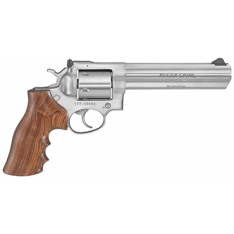TALO GP-100 |.357 Magnum 6 Inch Full Shroud Barrel Unfluted Cylinder Wood Grips Satin Stainless Finish Adjustable Sights 6 Round