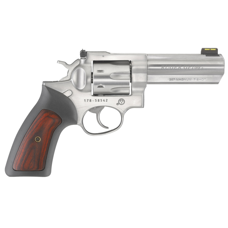 Model GP-100 |.357 Magnum 4.2 Inch Full Shroud Barrel Satin Stainless Finish Adjustable Rear Sight Fiber Front Sight 7 Round