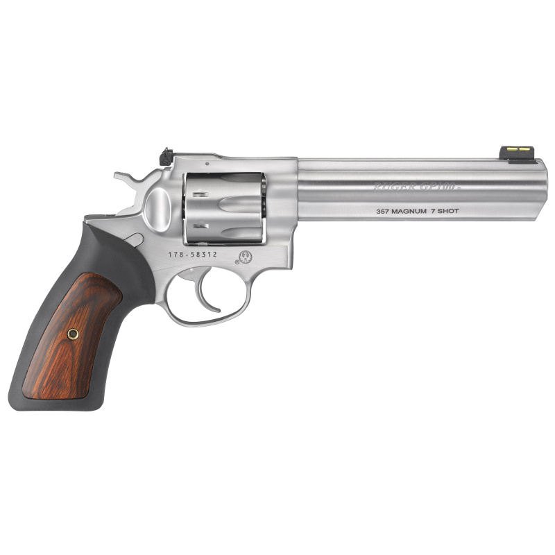 GP100, Double Action Revolver, 357 Magnum, 6" Barrel, Satin Stainless Finish, Black Rubber & Engraved Wood Grips, 7Rd, Adjustable Rear Sight & Fiber Optic Front 01773