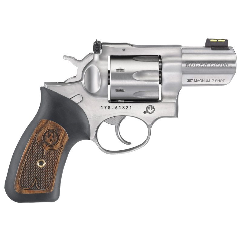 GP100, Double Action Revolver, 357 Magnum, 2.5" Barrel, Satin Stainless Finish, Black Rubber & Engraved Wood Grips, 7Rd, Adjustable Rear Sight & Fiber Optic Front 01774