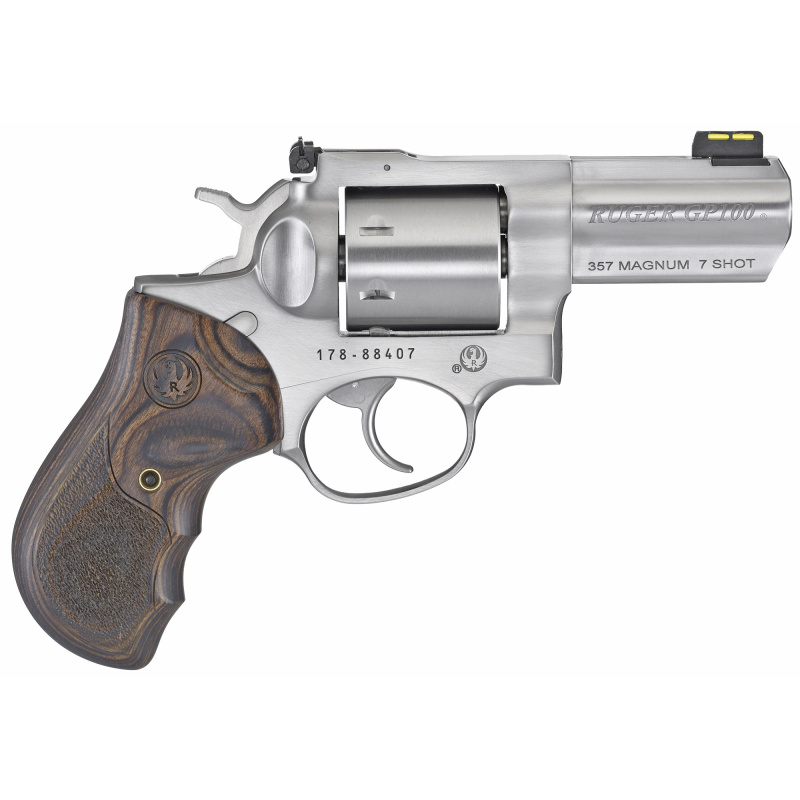 GP100 |.357 Magnum 3 Inch Satin Stainless Steel Barrel, Unfluted Cylinder, Fiber Optic Front Sight/Adjustable Rear Sight Custom Hardwood Grip 7 Round