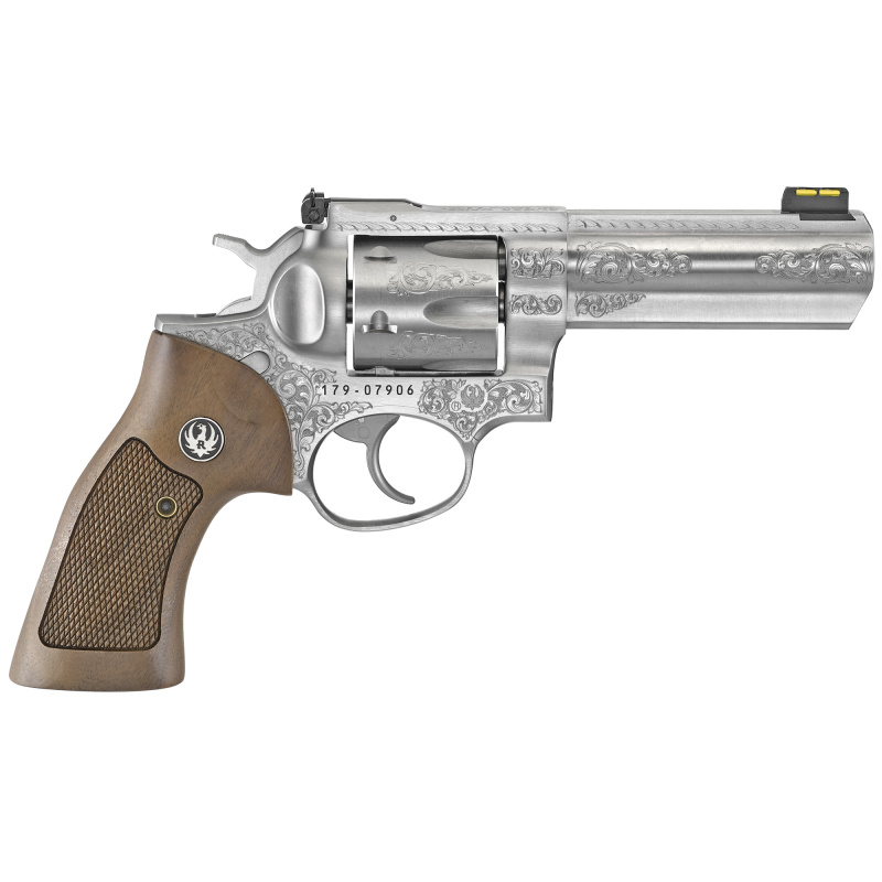 TALO GP100, Revolver, Double Action, 357 Magnum, 4.2" Barrel, Steel Frame, Satin Stainless Finish, Engraved, Hardwood Grip, Adjustable Sights, 6Rd 1784