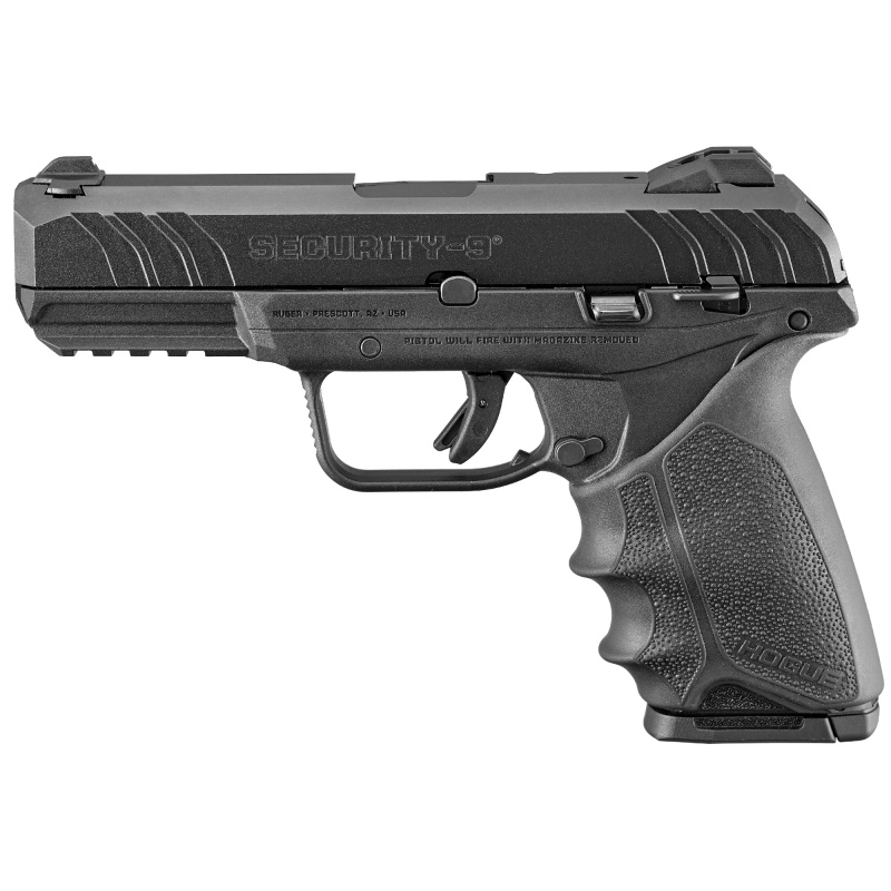 Security-9, Centerfire Pistol, 9MM, 4" Barrel, Glass Filled Nylon Frame, Blued Finish, Hogue Beavertail HandAll grip, 2-10Rd Magazines, 3 Dot Drift Adjustable Sights 03819
