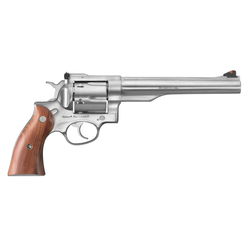 Redhawk, Double-Action Revolver, 44 Rem Mag, 7.5" Sleeve and Shroud Barrel, Satin Stainless Finish,Stainless Steel, Hardwood Grips, Adjustable Rear & Ramp Front Sight, 6RD 05041