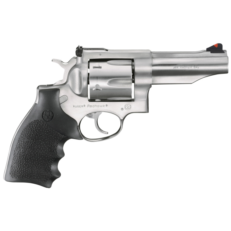 Redhawk, Double-Action Revolver, 44 Rem Mag, 4.2" Sleeve and Shroud Barrel, Satin Stainless Finish, Stainless Steel, Black Rubber Houge Grips, Adjustable Rear & Ramp Front Sight, 6RD 05044