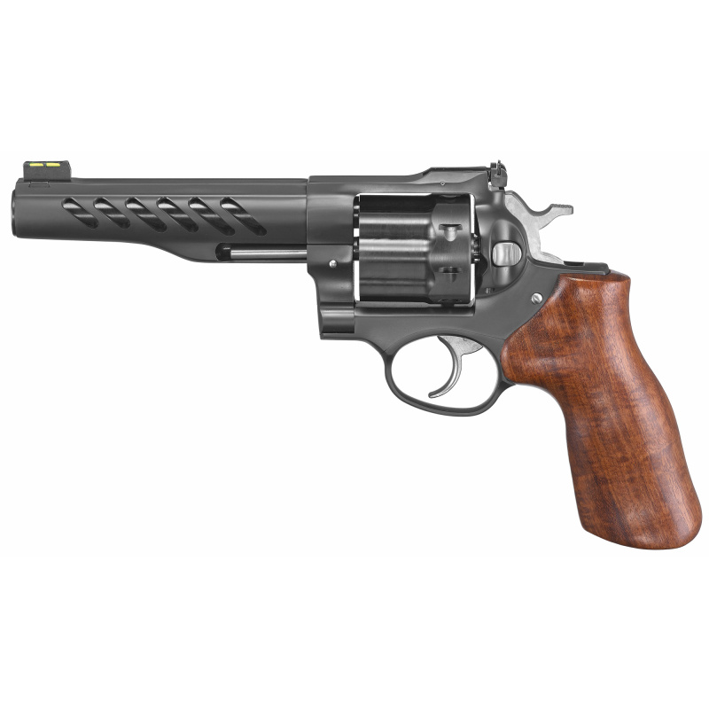 Super GP100| Revolver, Single/Double Action, Full Size, 357 Magnum, 5.5" Cold Hammer Forged Barrel, Stainless Steel Frame, Black PVD Coated Finish, Hogue Hardwood Grip, 8Rd, 3 Moon Clips, Weighs 47oz, Fiber Optic Site 5065