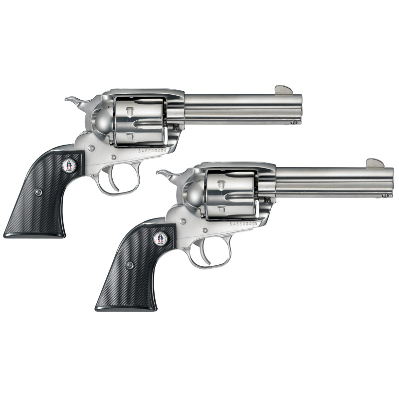SASS Vaquero Single-Action Revolver Two-Gun Set With Consecutive Serial Numbers .357 Magnum 4.62 Inch Barrel High Gloss Stainless Finish Black Checkered Grips 6 Round