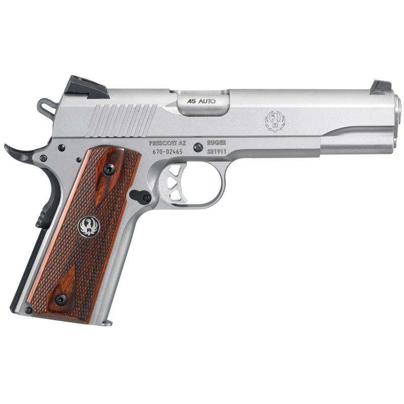 SR1911 .45 ACP 5 Inch Barrel Wood Grip Panels Low Glare Stainless Steel Finish One 7 Round and One 8 Round Magazine