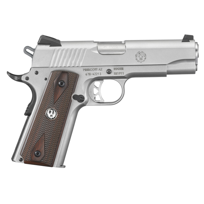 SR1911 .45 ACP 4.25 Inch Barrel Wood Grip Panels Low Glare Stainless Steel Finish Two 7 Round Magazines