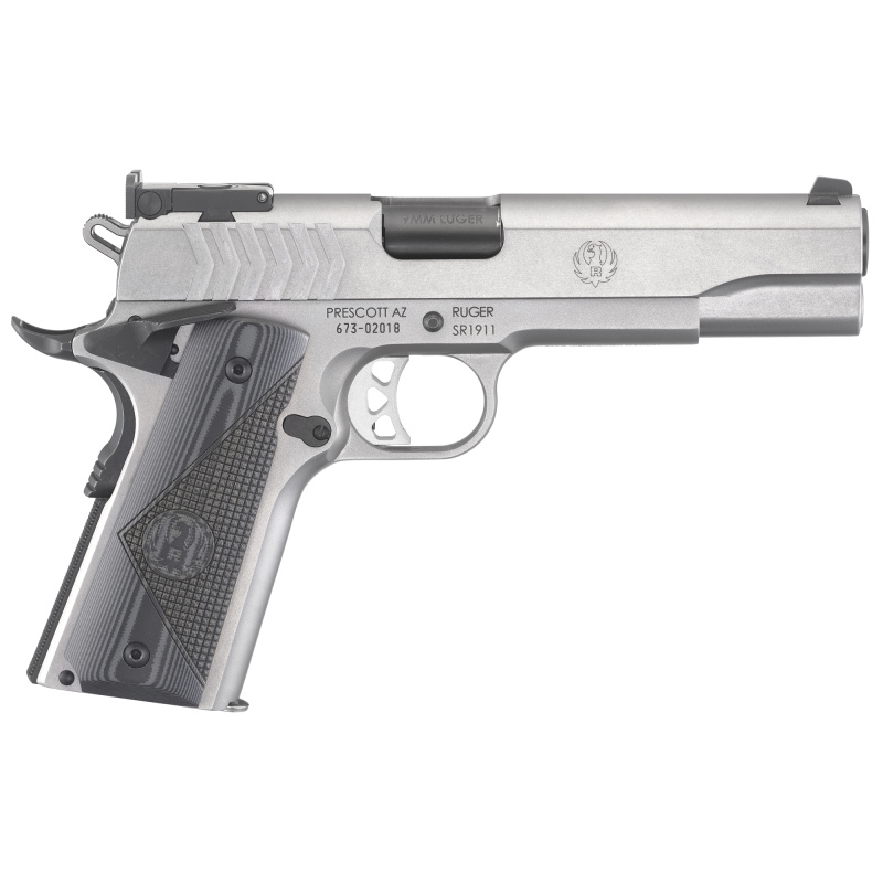 SR1911 Target 9mm Luger 5 Inch Barrel Low-Glare Stainless Finish Bomar-Style Adjustable Sights Deluxe Checkered G-10 Grips 9 Round