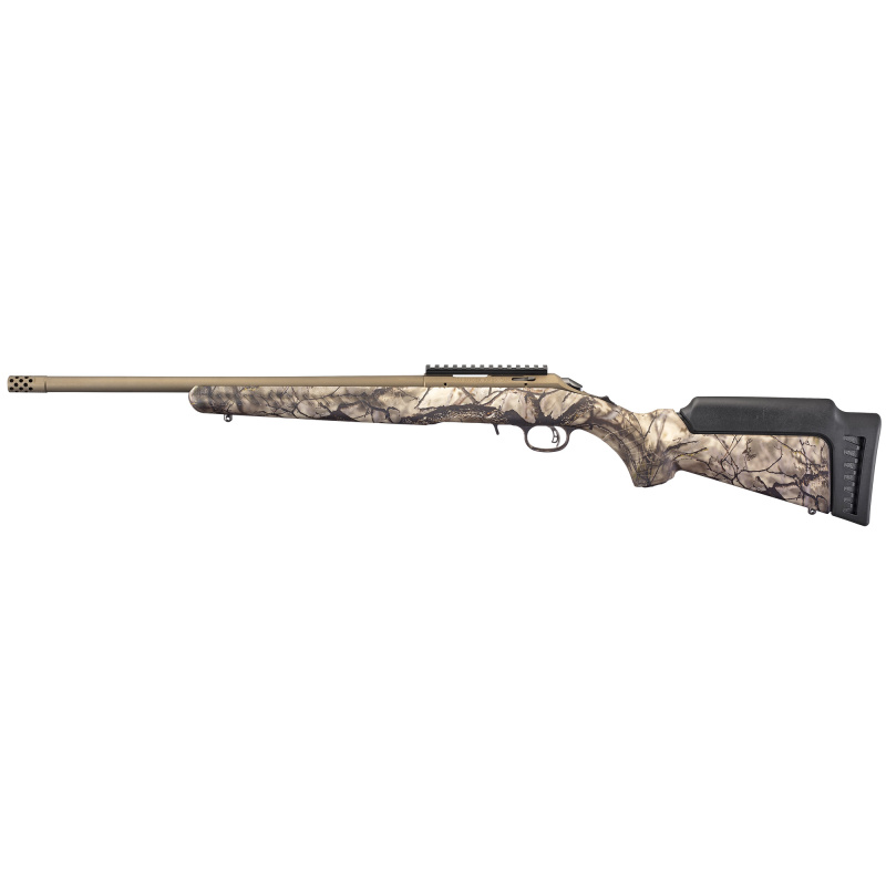 American Rimfire Standard, Bolt Action Rifle, 17 HMR, 18" Cold Hammer Forged Barrel, Threaded, 1:9 Twist, Camo Synthetic Stock, Bronze Cerakote Finish, Right Hand, 1 Mag, 9Rd, Factory Installed Scope Rail, Weighs 5.9lbs 8374