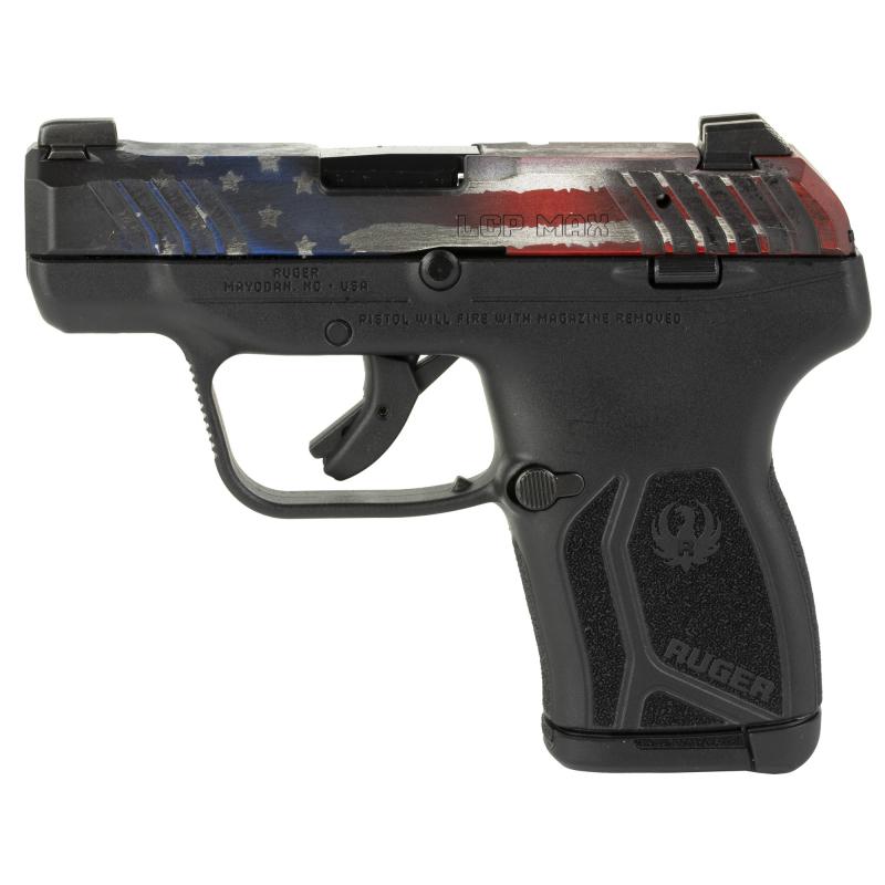 LCP MAX, Double Action Only, Semi-automatic, Polymer Frame Pistol, Compact, 380ACP, 2.8" Barrel, Cerakote Finish, Red White and Blue Flag, Black Frame, Tritium Front Sight with White Outline and Drift Adjustable Rear Sight, Integrated Trigger Safety, 10