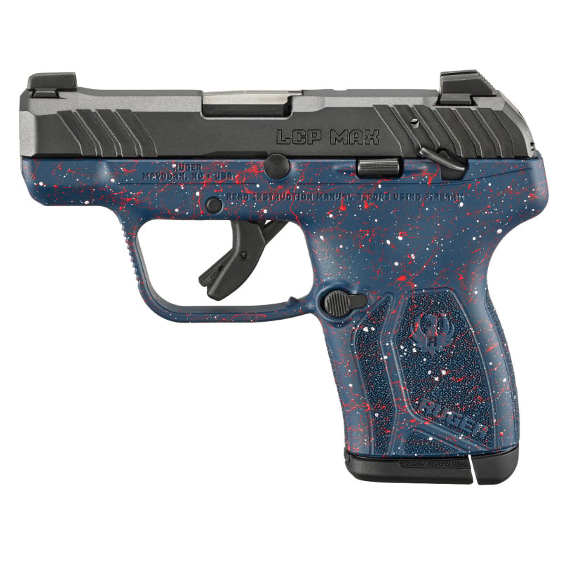LCP Max, America's 250th Anniversary Edition, Semi-automatic, Striker Fired, Polymer Frame Pistol, .380 ACP, 2.8" Barrel, Black Nitride Slide, Liberty Blue with Red and White Splatter Frame, Textured Grip, U-Notch Rear Sight, Tritium Front Sight, Manual