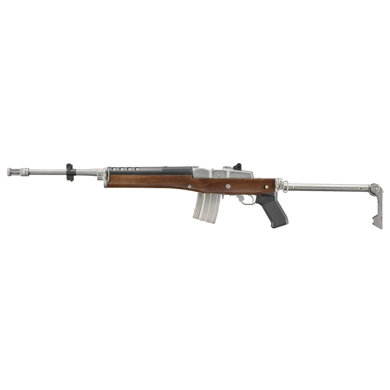 Mini-14 Tactical, Semi-automatic Rifle, 5.56 NATO, 18.5" Threaded Barrel, 1/2x28 Thread Pitch, Matte Stainless Steel Finish, Silver, Ruger Walnut Folding Stock, Adjustable Rear and Blade Front Sight, 20 Rounds, 2 Magazine 15800