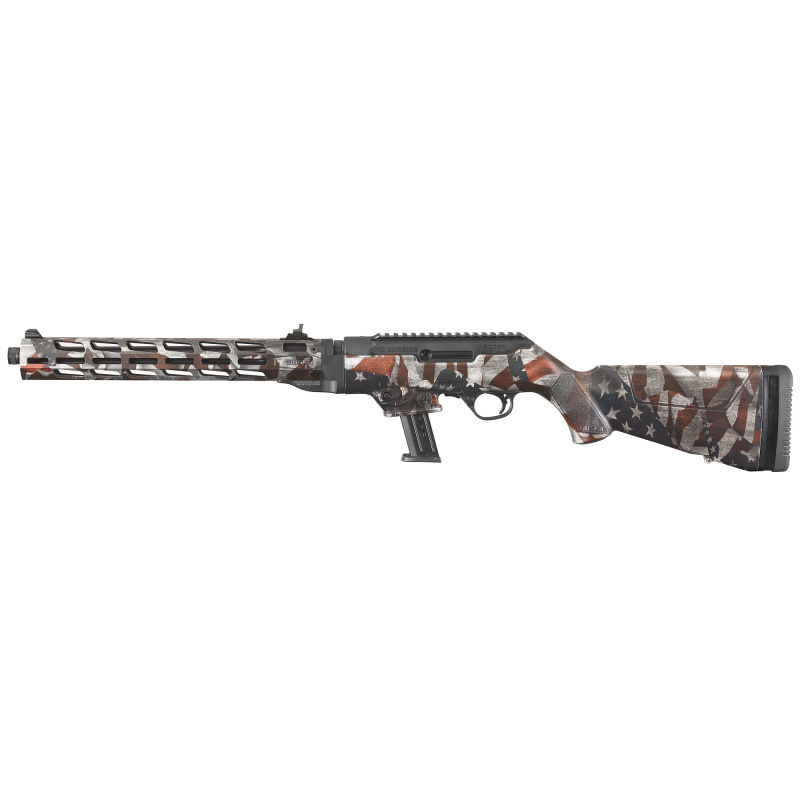 PC Carbine, Semi-automatic Rifle, 9MM, 16.12" Cold Hammer Forged Barrel, 1:10 Twist, American Flag Cerakote Finish, Fixed Stock, 1 Mag, 17Rd, MLOK Handguard, Weighs 7lbs, Adjustable Ghost Ring Rear Sight, Protected Blade Front Sight 19121