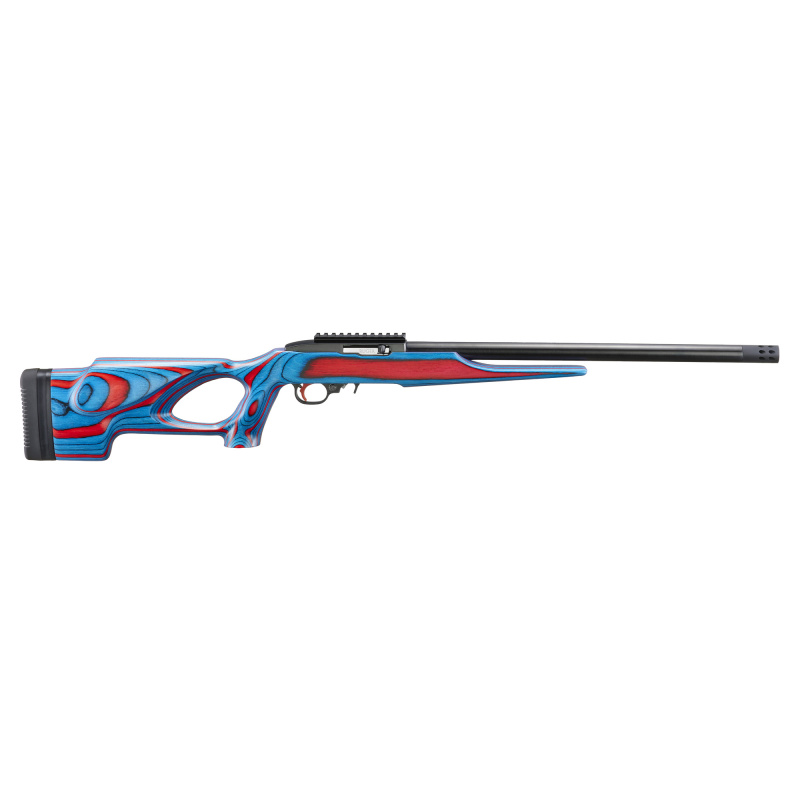 10/22 USA Shooting 2024, Semi-automatic Rifle, 22 LR, 18" Heavy Barrel, Ruger Custom Shop Muzzle Brake, Matte Finish, Black, Red and Blue Ambidextrous Laminate Thumbhole Stock w/ USA Shooting Coin, 10 Rounds, 1 Magazine 31180