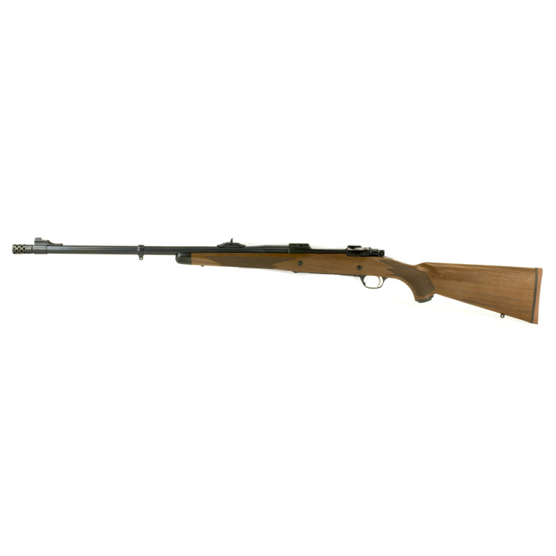 M77 Hawkeye African .375 Ruger 23 Inch Barrel Satin Blue Finish Removable Muzzle Brake American Walnut Stock 3 Round