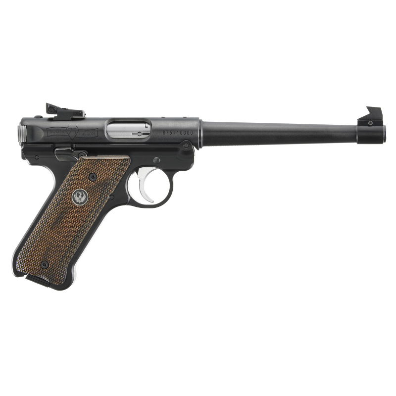 Mark IV Standard, 75th Anniversary, Single Action, Semi-automatic, Metal Frame Pistol, Full Size, 22LR, 5.58" Barrel, Alloy, Blued Finish, Wood Laminate Checkered Grips, Adjustable Rear Sight, Fixed Undercut Patridge Front Sight, 10 Rounds, 2 Magazines 4