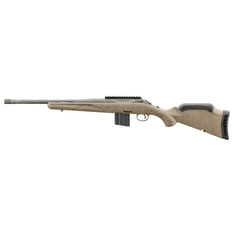 American Rifle Ranch, Generation II, Bolt Action Rifle, 308 Winchester, 16.1" Spiral Fluted Barrel, 1:10 Twist, Threaded 5/8"-24, Muzzle Brake, Cerakote Finish, Cobalt, Flat Dark Earth Splatter Synthetic Stock, Manual Safety, Picatinny Rail, 3 Rounds, 1