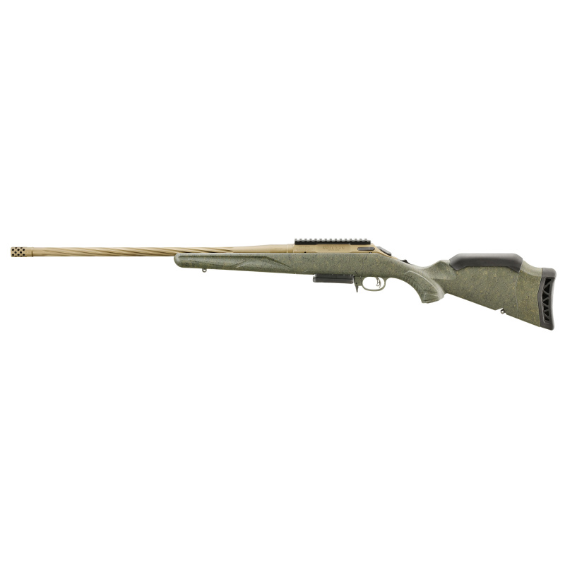 American Generation II, Predator, Bolt Action Rifle, 6MM Creedmoor, 22" Spiral Fluted Barrel, 1:7.7 Twist, Threaded 5/8x24, Muzzle Brake, Cerakote Finish, Burnt Bronze, Green Splatter Synthetic Stock,Manual Safety, Picatinny Rail, 3 Rounds, 1 Magazine 46