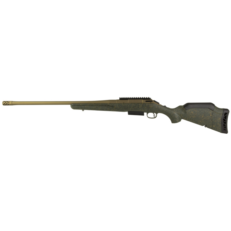 American Generation II, Predator, Bolt Action Rifle, 450 Bushmaster, 22" Spiral Fluted Barrel, 1:16 Twist, Threaded 11/16"-24, Muzzle Brake, Cerakote Finish, Burnt Bronze, Green Splatter Synthetic Stock, Manual Safety, Picatinny Rail, 3 Rounds, 1 Magazin