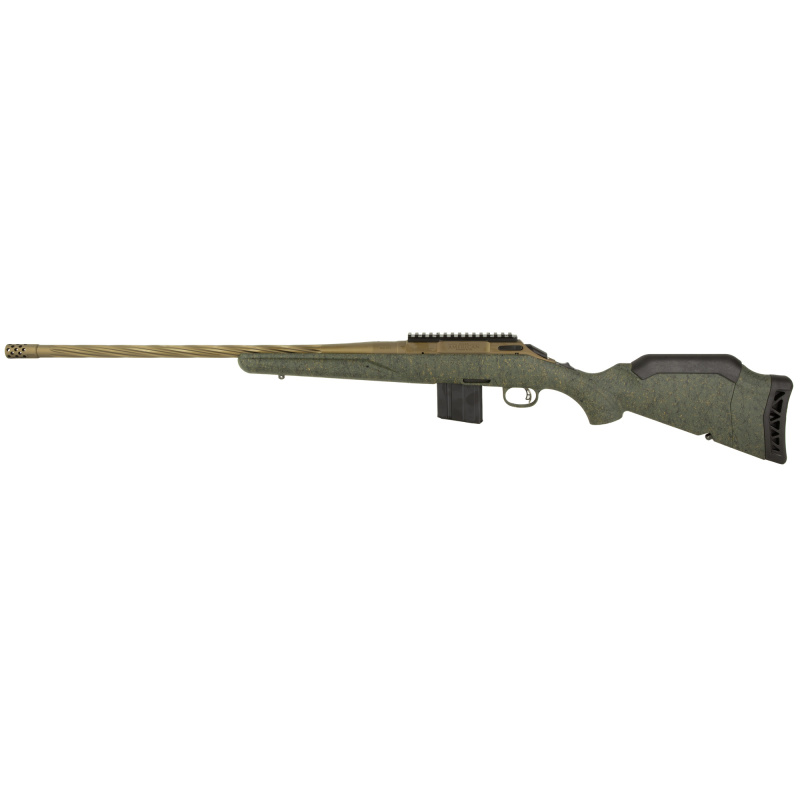 American Generation II, Predator, Bolt Action Rifle, 6MM ARC, 22" Spiral Fluted Barrel, 1:7.7 Twist, Threaded 5/8"-24, Muzzle Brake, Cerakote Finish, Burnt Bronze, Green Splatter Synthetic Stock, Manual Safety, Picatinny Rail, 10 Rounds, 1 Magazine 46941