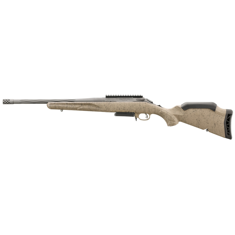 American Generation II Ranch, Bolt Action Rifle, 243 Winchester, 16.1" Spiral Fluted Barrel, 1:9 Twist, Threaded 5/8X24, Muzzle Brake, Cerakote Finish, Cobalt, Flat Dark Earth Splatter Synthetic Stock, Manual Safety, 3 Rounds, 1 Magazine 46997
