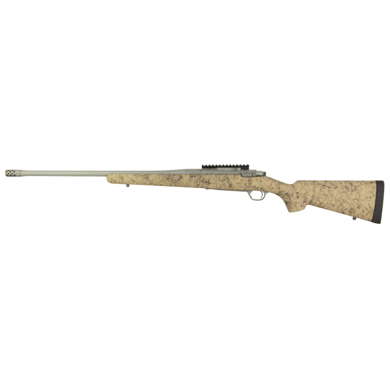Hawkeye, FTW Hunter, Bolt Action Rifle, 308 Winchester, 22" Cold Hammer Forged Barrel, Threaded 5/8x24, Ruger Muzzle Brake System, Matte Stainless Finish, Silver, LC6 Trigger, 20 MOA Picatinny Rail, Pro Series HS Precision Tan/Black Synthetic Speckled St
