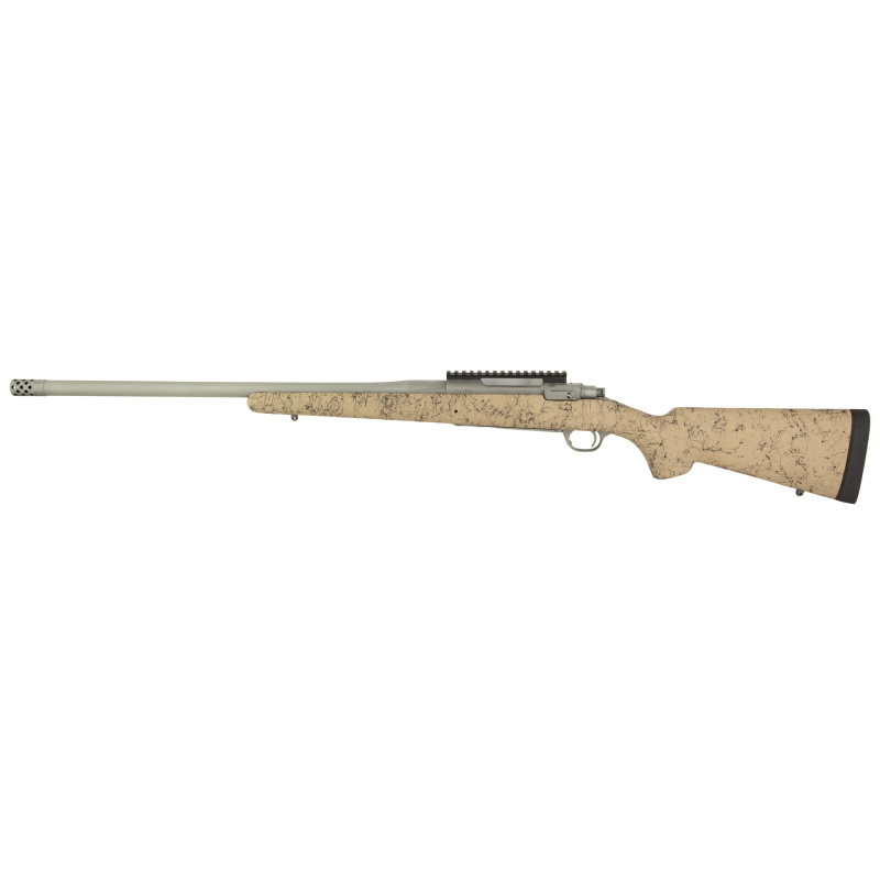 Hawkeye, FTW Hunter, Bolt Action Rifle, 375 Ruger, 22" Cold Hammer Forged Barrel, Threaded 11/16x24, Ruger Muzzle Brake System, Matte Stainless Finish, Silver, LC6 Trigger, 20 MOA Picatinny Rail, Pro Series HS Precision Tan/Black Synthetic Speckled Stock