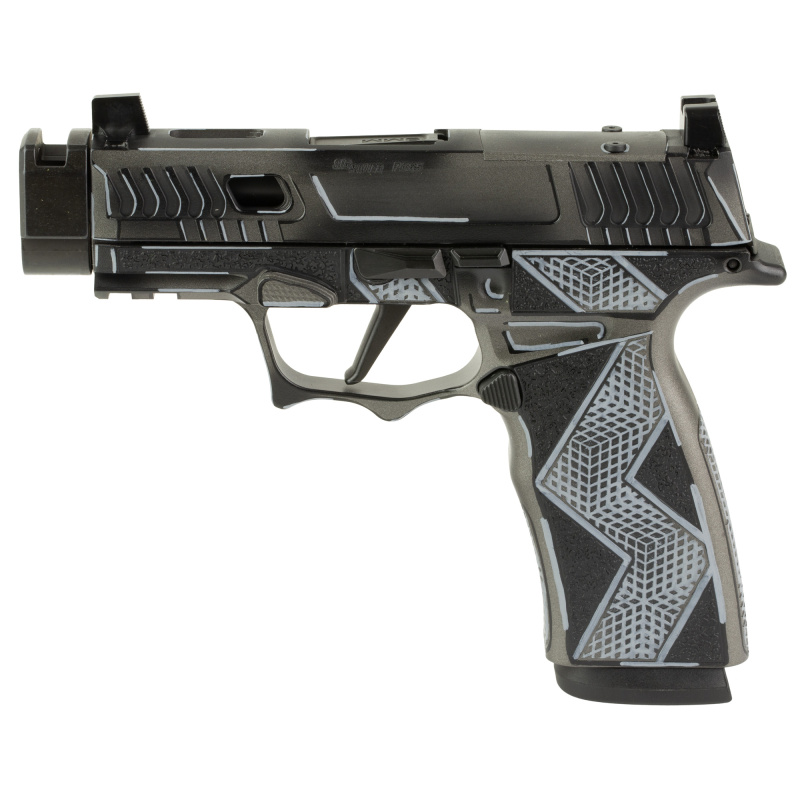 P365X Komodo Anime, Striker Fired, Semi-automatic, 9MM, 3.1" Zaffiri Threadless Comp Barrel, Optic Ready, Komodo Aluminum Grip Module, Cerakote Finish, Black, 17 Rounds, 2 Magazines 300-252-0408-04