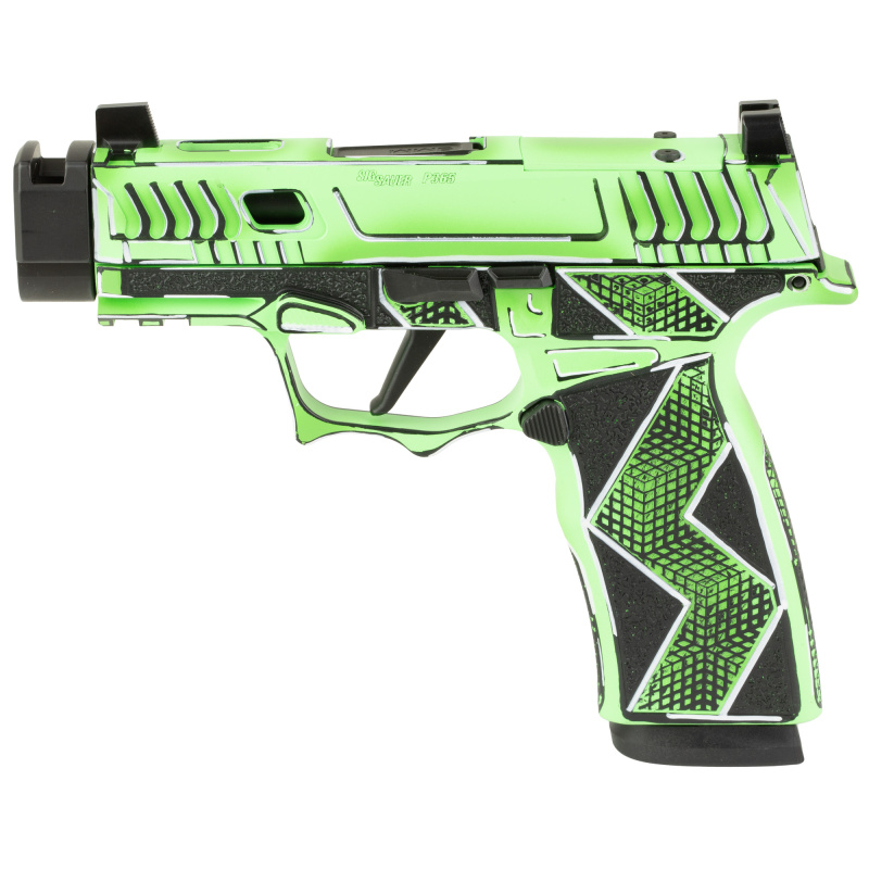 P365X Komodo Anime, Striker Fired, Semi-automatic, 9MM, 3.1" Zaffiri Threadless Comp Barrel, Optic Ready, Komodo Aluminum Grip Module, Cerakote Finish , Dayglow Green, 17 Rounds, 2 Magazines 300-252-0408-14