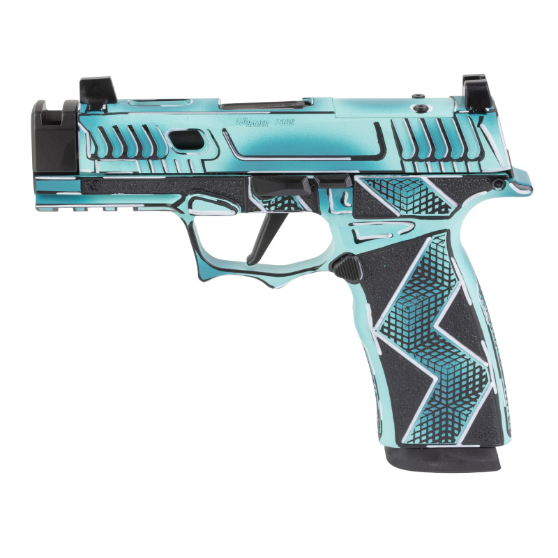 XMacro Komodo Anime, Striker Fired, Semi-automatic, 9MM, 3.1" Barrel with Compensated Slide, Optic Ready, Komodo Aluminum Grip Module, Cerakote Finish, Dayglow Blue, 17 Rounds, 2 Magazines 300-258-0421-64