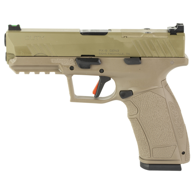 PX-9 Gen 3 Duty, Striker Fired, Semi-automatic, Polymer Frame Pistol, Compact, 9MM, 4.11" Barrel, Cerakote Finish, Flat Dark Earth, Trigger Safety, Fiber Optic Front Sight, Optic Ready, 20 Rounds, 2 Magazines, (1) 20-Round & (1) 18-Round, Interchangeable