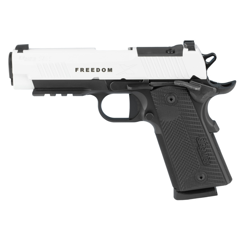 1911 X Carry, Single Action Only, Semi-automatic, Metal Frame Pistol, Carry Size, 45ACP, 4.2" Barrel, Cerakote Slide, DLC Frame, White Slide with Freedon Engraving, Black Frame, G10 Grips, Optics Ready, X-RAY3 Day/Night Sights, Ambidextrous Safety, 8 Rou