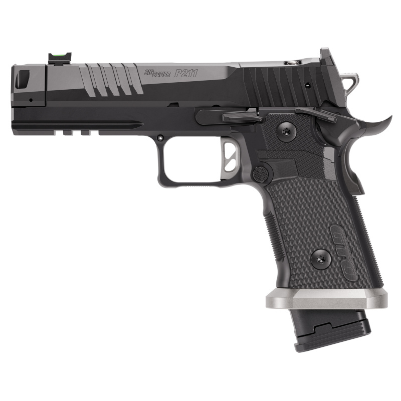 P211, Semi-automatic, Single Action Only, Metal Frame Pistol, Full Size, 9MM, 4.4" Barrel, MACH3D Compensator, Matte Finish, Black, Sig-Loc Pro Footprint Optics Ready Slide, Fiber Optic Sight, Flared Magwell, 3 Magazines, 10 Rounds 211F-9-GTO-10