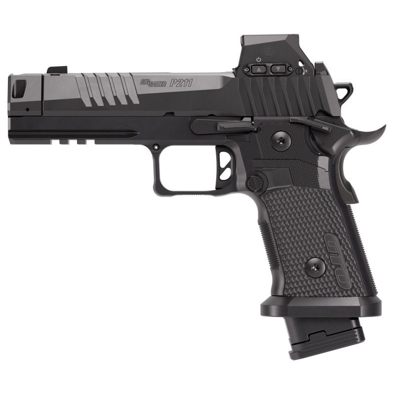 P211, Semi-automatic, Single Action Only, Metal Frame Pistol, Full Size, 9MM, 4.4" Barrel, MACH3D Compensator, Nitron Finish, Black, X Ray 3 Night Sights, Romeo-X Sig-Loc Compact Optic, Flared Magwell, 3 Magazines, (2)-21 Round & (1)-23 Round 211F-9-GTO-